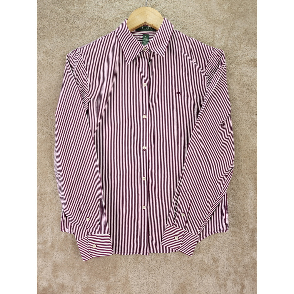 Lauren Ralph Lauren Striped Poplin Shirt 100% Cotton Vertical Stripes Logo - Picture 2 of 10